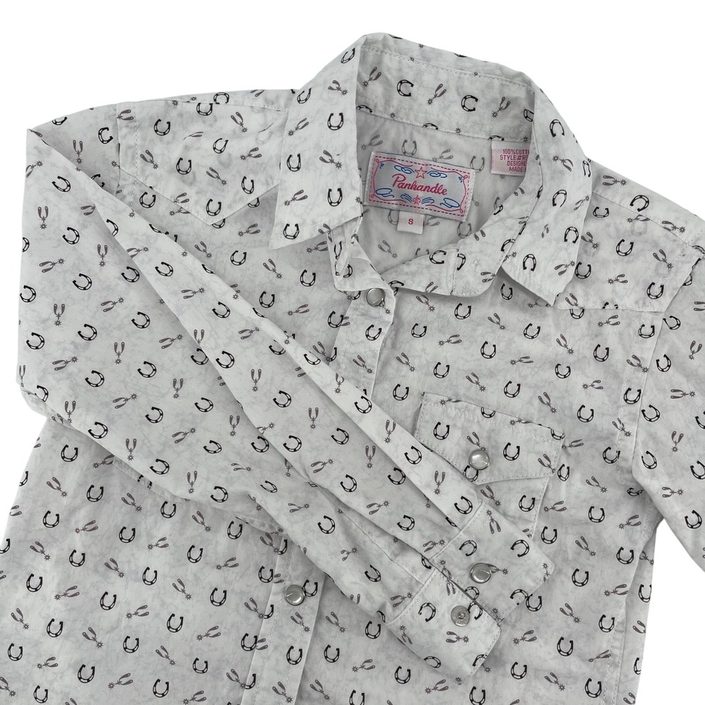 Panhandle Western Shirt Horseshoe Print Long Sleeve Button Up Kids Size S‎